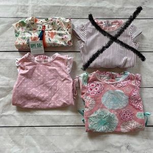 THREE RuffleButts polka dot desert blossoms swimsuit rash guard 12-18m